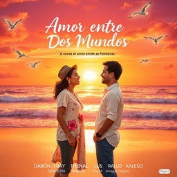 A fictional movie poster for a romantic comedy titled 'Amor entre Dos Mundos' (Love Between Two Worlds)