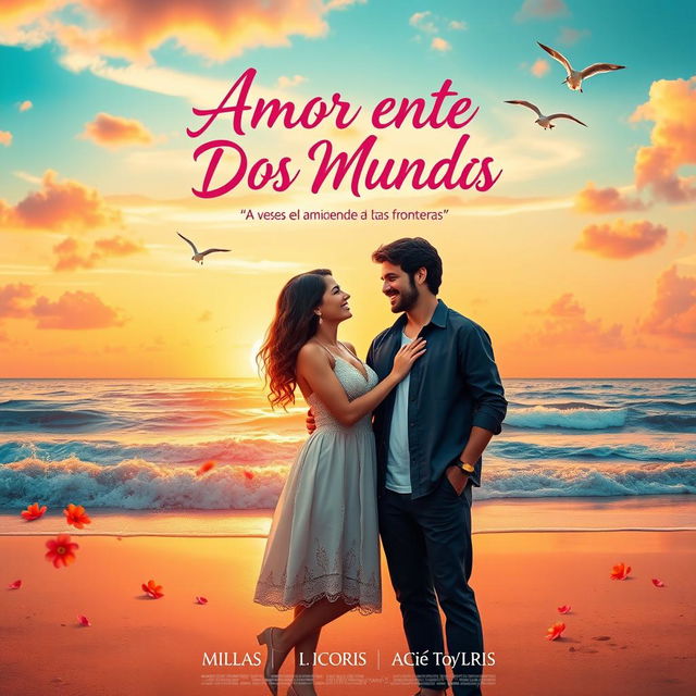 A fictional movie poster for a romantic comedy titled 'Amor entre Dos Mundos' (Love Between Two Worlds)