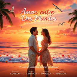 A fictional movie poster for a romantic comedy titled 'Amor entre Dos Mundos' (Love Between Two Worlds)