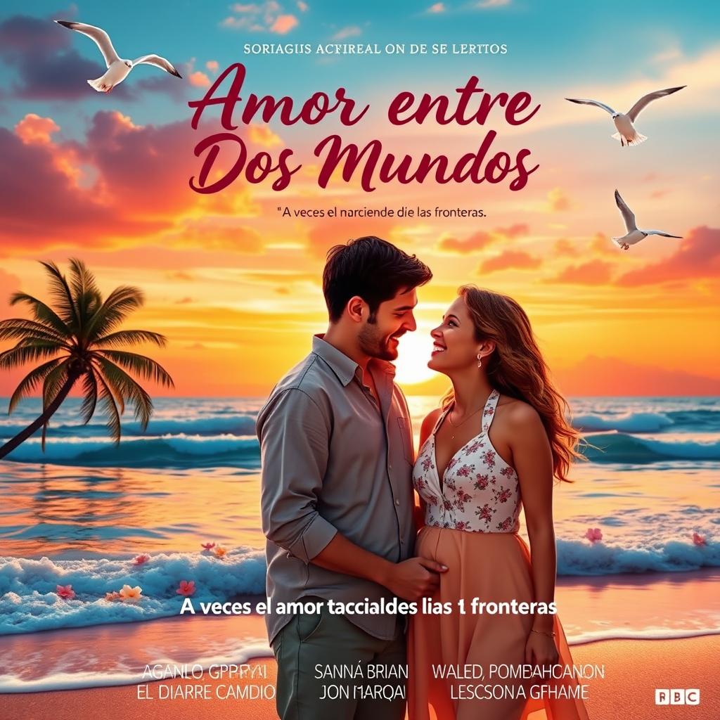 A fictional movie poster for a romantic comedy titled 'Amor entre Dos Mundos' (Love Between Two Worlds)