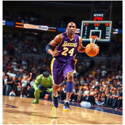 A dynamic basketball scene featuring Kobe Bryant, the legendary Los Angeles Lakers player, expertly dribbling the ball