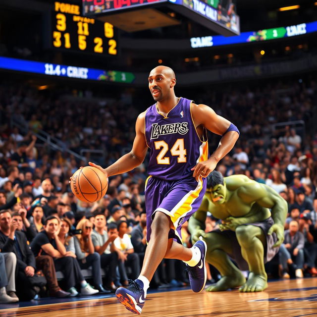 A dynamic basketball scene featuring Kobe Bryant, the legendary Los Angeles Lakers player, expertly dribbling the ball