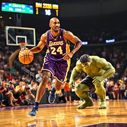 A dynamic basketball scene featuring Kobe Bryant, the legendary Los Angeles Lakers player, expertly dribbling the ball