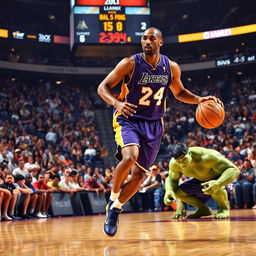 A dynamic basketball scene featuring Kobe Bryant, the legendary Los Angeles Lakers player, expertly dribbling the ball