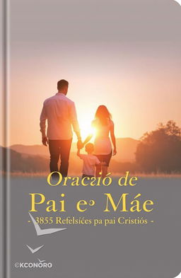 An elegant and serene cover for a Christian devotional book, featuring a central symbolic image of a father and mother holding hands, with a child beside them in a dawn setting