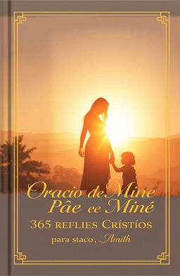 An elegant and serene cover for a Christian devotional book, featuring a central symbolic image of a father and mother holding hands, with a child beside them in a dawn setting