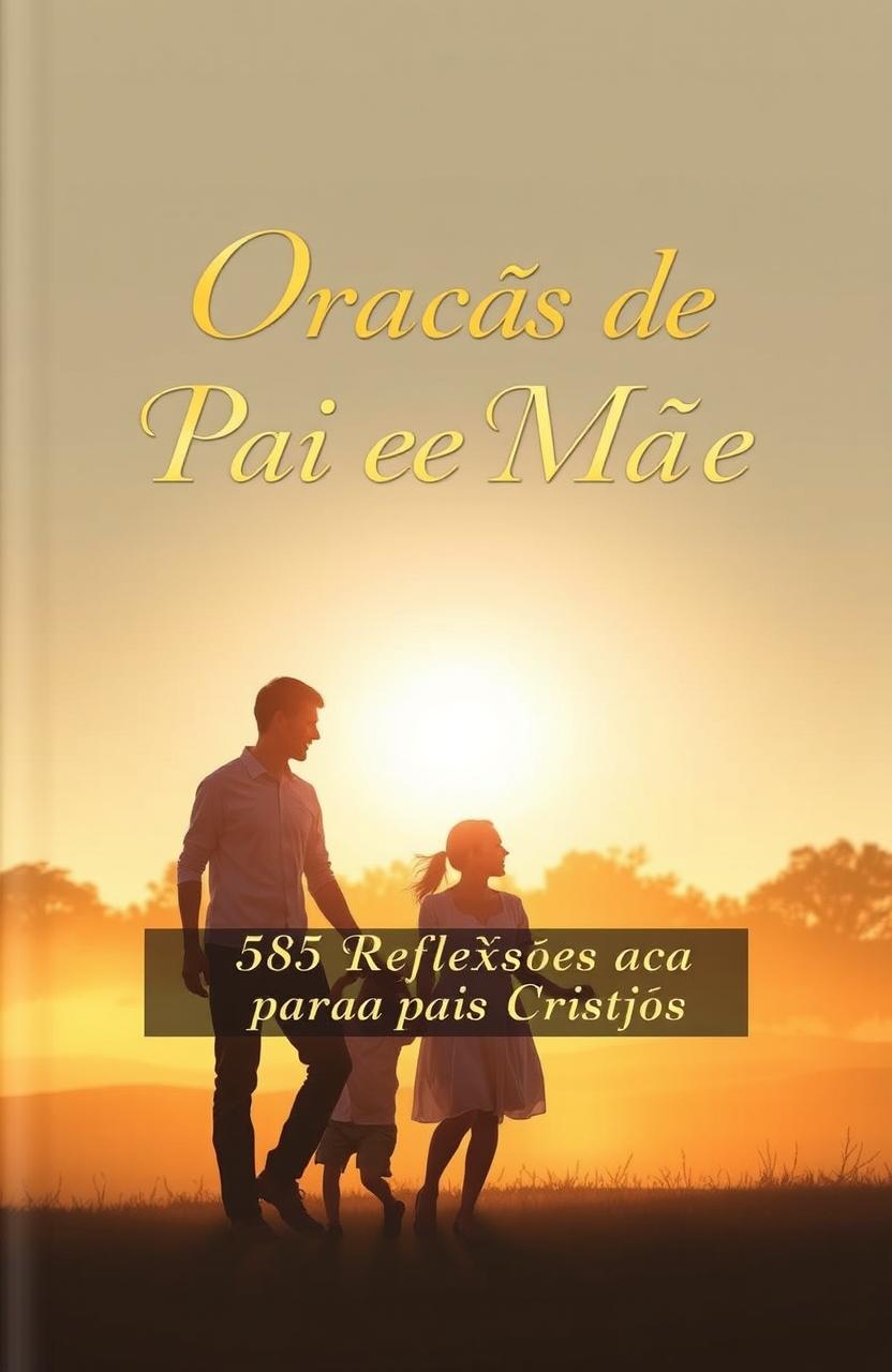 An elegant and serene cover for a Christian devotional book, featuring a central symbolic image of a father and mother holding hands, with a child beside them in a dawn setting