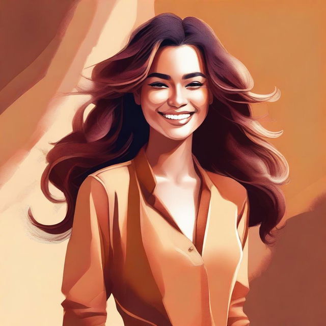 A digital art piece showcasing a beautiful woman with a radiant smile