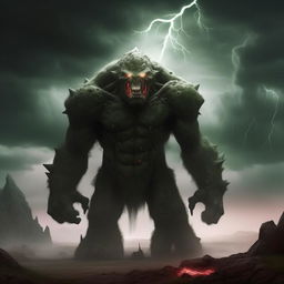 An imposing, large green stone golem with glowing red eyes, sharp, jagged features, standing amidst a lightning storm in a desolate landscape.