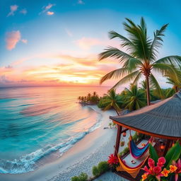 A beautiful panoramic view of a breathtaking travel destination, featuring crystal clear turquoise waters and white sandy beaches surrounded by lush green palm trees