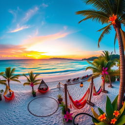 A beautiful panoramic view of a breathtaking travel destination, featuring crystal clear turquoise waters and white sandy beaches surrounded by lush green palm trees