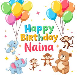 A rectangular birthday banner on a white background, featuring the cheerful text ‘Happy Birthday Naina’ prominently