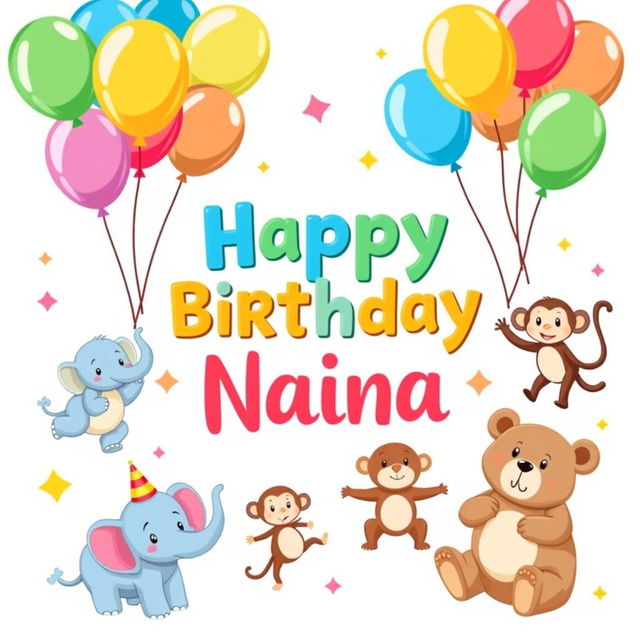 A rectangular birthday banner on a white background, featuring the cheerful text ‘Happy Birthday Naina’ prominently