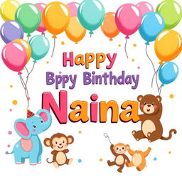 A rectangular birthday banner on a white background, featuring the cheerful text ‘Happy Birthday Naina’ prominently