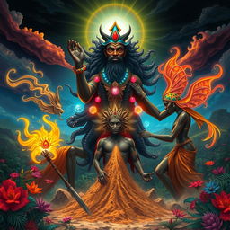 A powerful and evocative scene illustrating a Black African God alongside vibrant spirits, engaged in the sacred act of creating man from dust
