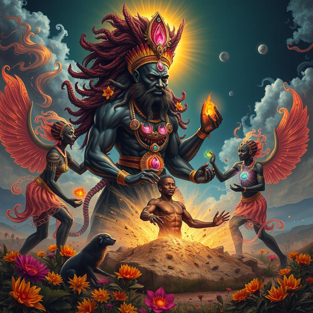 A powerful and evocative scene illustrating a Black African God alongside vibrant spirits, engaged in the sacred act of creating man from dust
