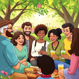 A vibrant and cheerful illustration of a diverse group of people gathered together, each sharing stories and smiles, held in a sunny park setting