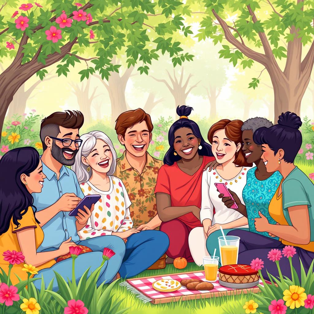 A vibrant and cheerful illustration of a diverse group of people gathered together, each sharing stories and smiles, held in a sunny park setting