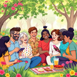 A vibrant and cheerful illustration of a diverse group of people gathered together, each sharing stories and smiles, held in a sunny park setting