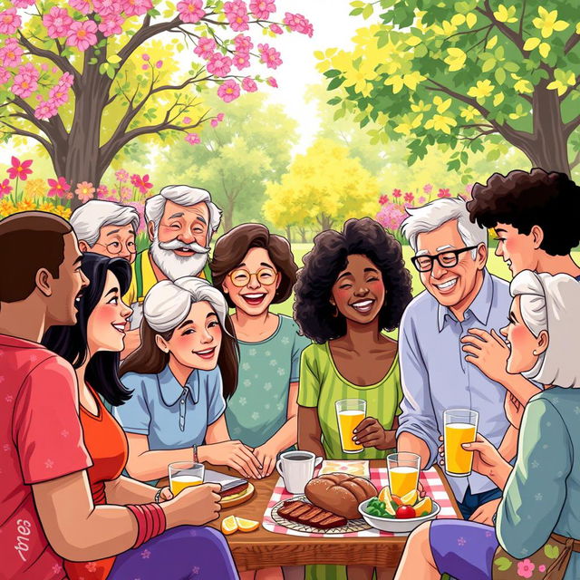 A vibrant and cheerful illustration of a diverse group of people gathered together, each sharing stories and smiles, held in a sunny park setting