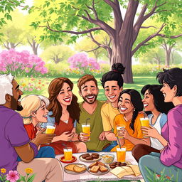 A vibrant and cheerful illustration of a diverse group of people gathered together, each sharing stories and smiles, held in a sunny park setting