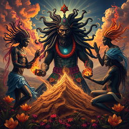 A powerful and evocative scene illustrating a Black African God alongside vibrant spirits, engaged in the sacred act of creating man from dust