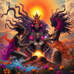 A powerful and evocative scene illustrating a Black African God alongside vibrant spirits, engaged in the sacred act of creating man from dust