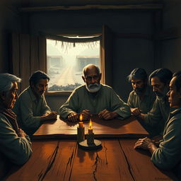 A dramatic depiction of Elder Taharuki, the village leader, portrayed in a tense council meeting