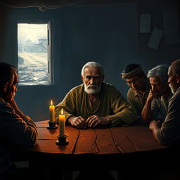 A dramatic depiction of Elder Taharuki, the village leader, portrayed in a tense council meeting