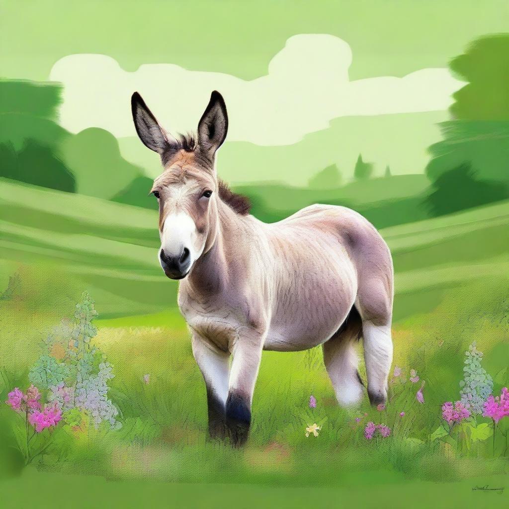 A high-quality digital art depicting a large donkey standing in a lush green field