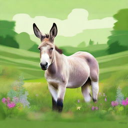 A high-quality digital art depicting a large donkey standing in a lush green field