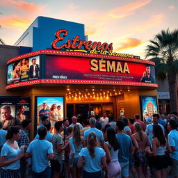 A vibrant Spanish cinema marquee featuring a variety of movie posters, showcasing a selection of films in Spanish