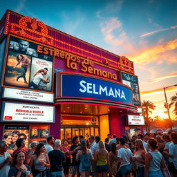 A vibrant Spanish cinema marquee featuring a variety of movie posters, showcasing a selection of films in Spanish