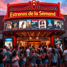 A vibrant Spanish cinema marquee featuring a variety of movie posters, showcasing a selection of films in Spanish
