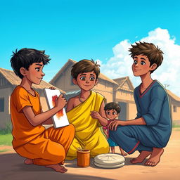A heartfelt scene depicting the strong friendship between three boys, Arjun, Rohan, and Deepak, in a small Indian village