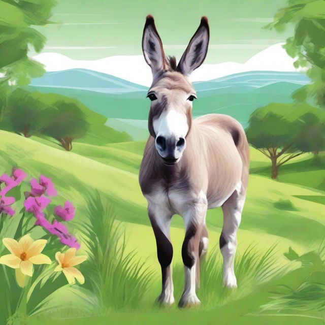 A high-quality digital art depicting a large donkey standing in a lush green field