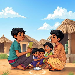 A heartfelt scene depicting the strong friendship between three boys, Arjun, Rohan, and Deepak, in a small Indian village