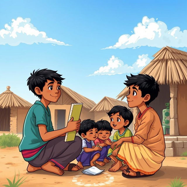 A heartfelt scene depicting the strong friendship between three boys, Arjun, Rohan, and Deepak, in a small Indian village