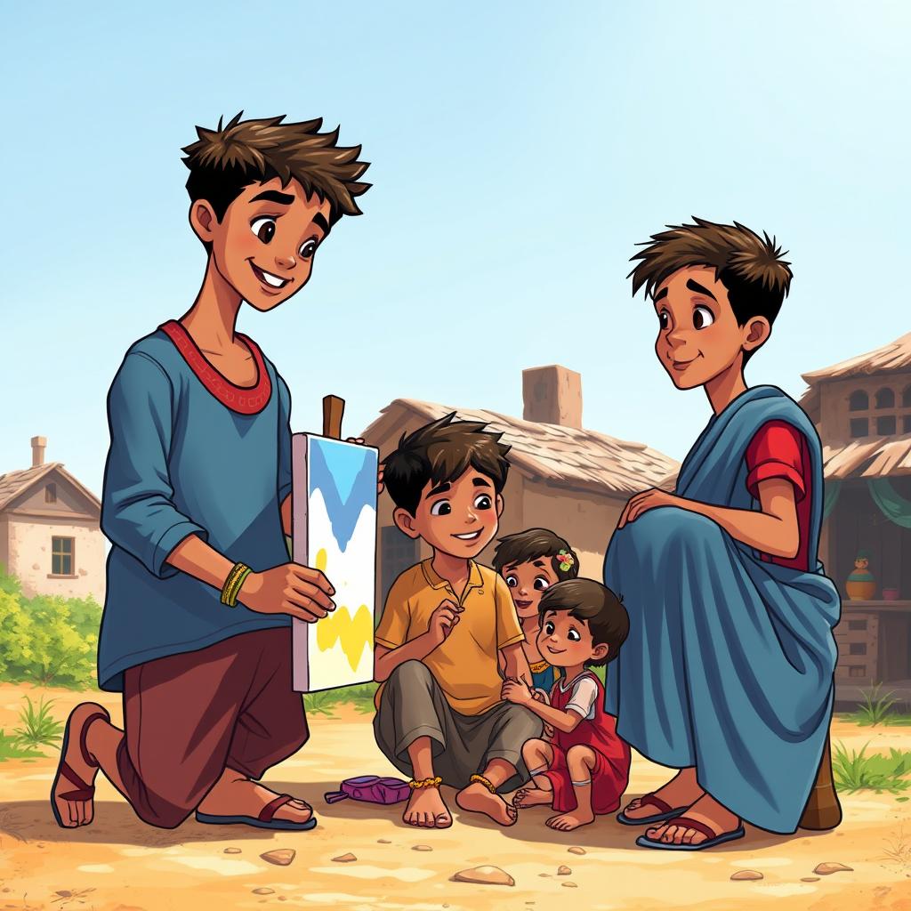 A heartfelt scene depicting the strong friendship between three boys, Arjun, Rohan, and Deepak, in a small Indian village