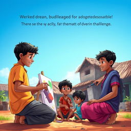 A heartfelt scene depicting the strong friendship between three boys, Arjun, Rohan, and Deepak, in a small Indian village