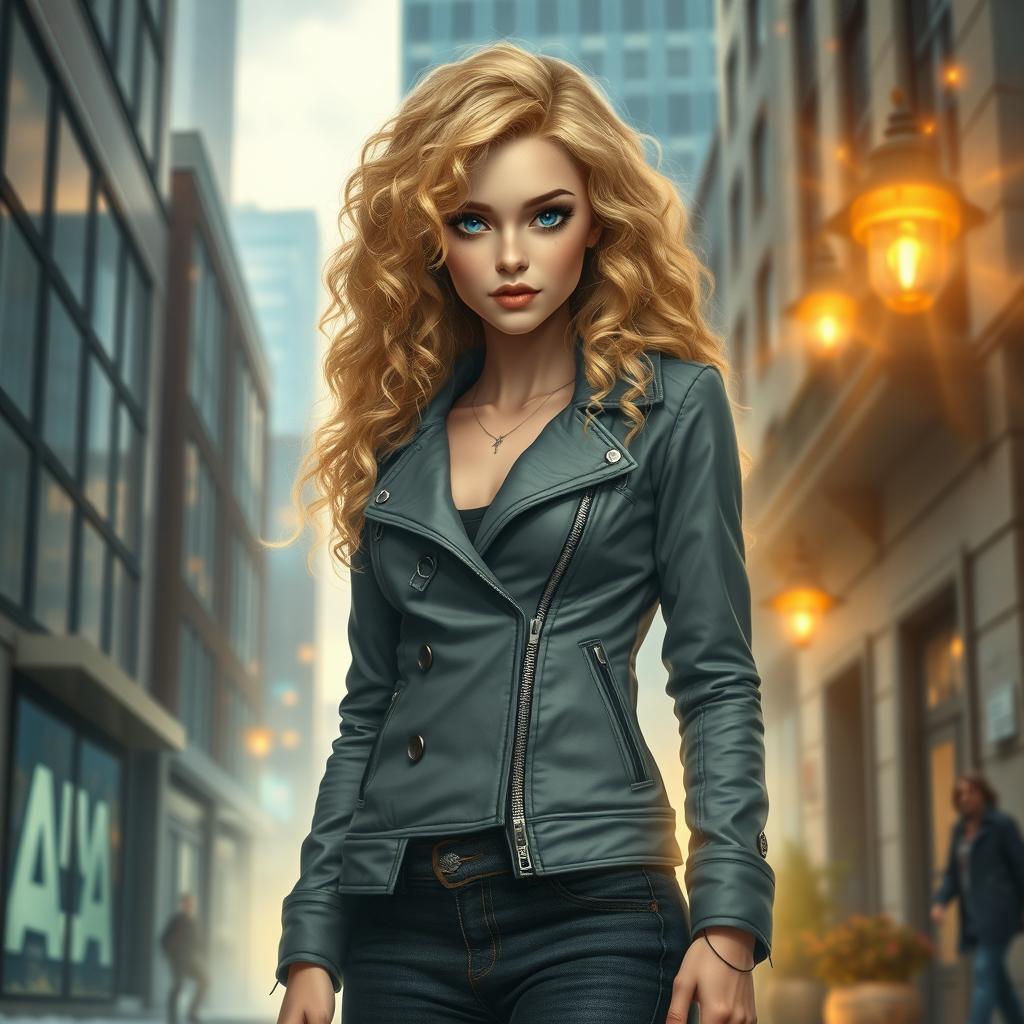 An alluring urban fantasy character, a beautiful 30-year-old aasimar with vibrant curly blonde hair cascading down her shoulders