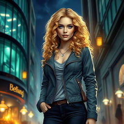 An alluring urban fantasy character, a beautiful 30-year-old aasimar with vibrant curly blonde hair cascading down her shoulders