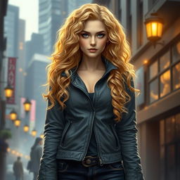 An alluring urban fantasy character, a beautiful 30-year-old aasimar with vibrant curly blonde hair cascading down her shoulders