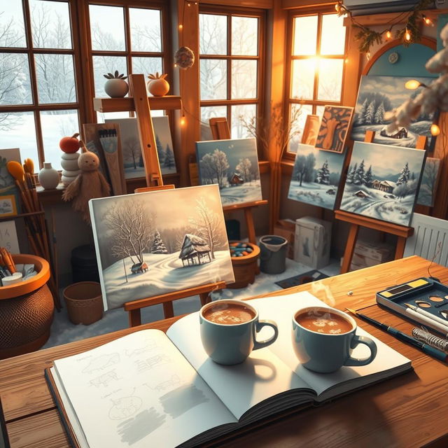 A cozy winter scene inside Aziz studio, featuring a warm and inviting space filled with artistic tools and supplies