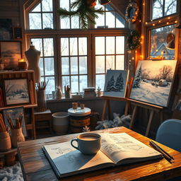 A cozy winter scene inside Aziz studio, featuring a warm and inviting space filled with artistic tools and supplies