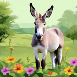 A high-quality digital art depicting a large donkey standing in a lush green field