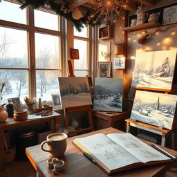A cozy winter scene inside Aziz studio, featuring a warm and inviting space filled with artistic tools and supplies