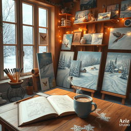 A cozy winter scene inside Aziz studio, featuring a warm and inviting space filled with artistic tools and supplies
