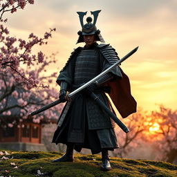 A majestic samurai standing in a traditional Japanese landscape, wearing a beautifully detailed, ornate armor with intricate patterns and a flowing haori
