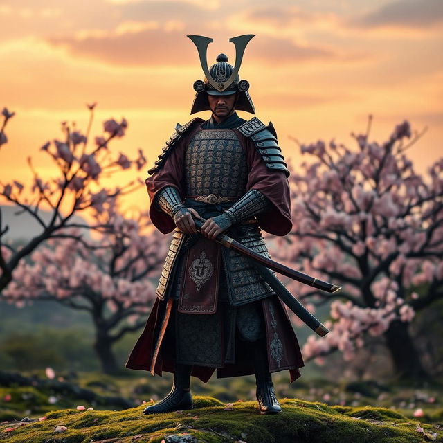 A majestic samurai standing in a traditional Japanese landscape, wearing a beautifully detailed, ornate armor with intricate patterns and a flowing haori